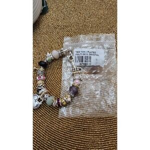 Charm Bracelet Two Tone Multi Gem Crystal Engraved Heart Quartz Amethyst NEW